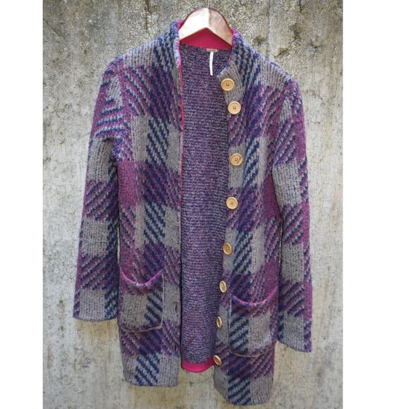 Free People Oversized Wool Blend Cardigan Coat Purple Plaid Size S - Picture 1 of 4